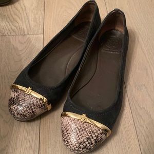 Tory Burch black suede Ballet Flats with gold hardware